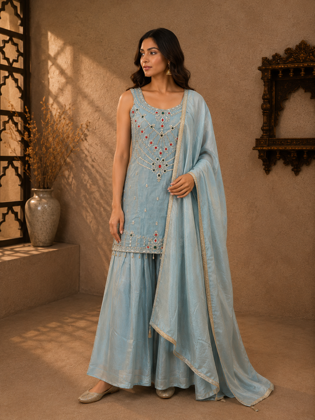 Sky Blue Silk Embroidered Kurta Set with Sharara & Dupatta